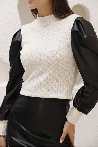 CAPERSS Cream Leather Detailed Hair Braided Blouse