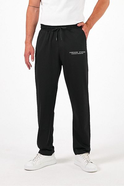 THE RULE Black Baggy Loose-Fit Summer Sweatpants - Comfortable Cotton, Printed Confusing Stories