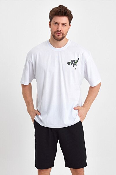 THE RULE Ανδρικό μπλουζάκι με στάμπα στο τέλος της πλάτης, 100% βαμβακερό, φαρδύ, φαρδύ κομμένο λαιμόκοψη με απαλή υφή λευκό μπλουζάκι