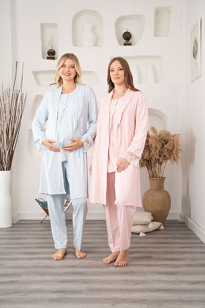 LOHOUSE Set de 3 pijamale și halate de damă din dantelă albastră - pentru gravide