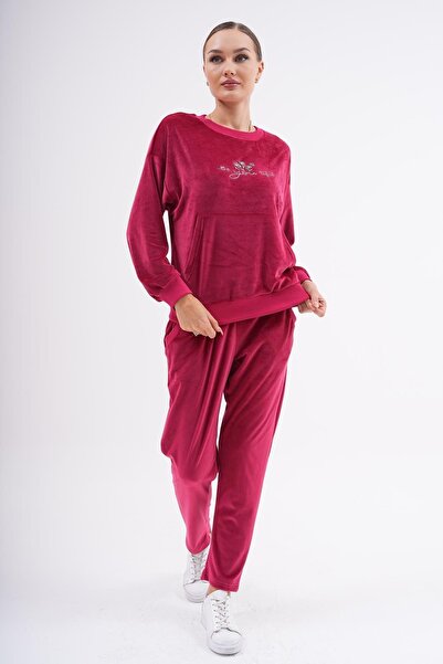 WestBound Soft Velvet Printed Women's Tracksuit Set - Claret Red