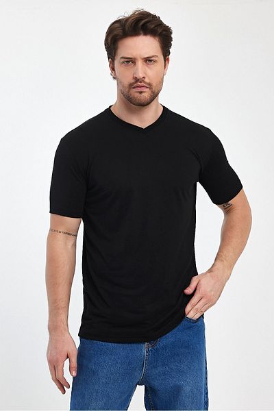 THE RULE Ανδρικό μπλουζάκι με μαύρη λαιμόκοψη V Slim Fit Slim Fit Soft Textured Modal T-shirt