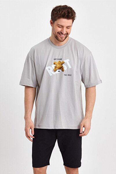 THE RULE Чоловічий футболка з принтом ведмедика, оверсайз, 100% бавовна, вільний крій, комір-стійка, м'яка текстура, сірий колір