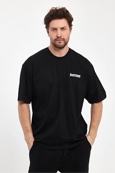 THE RULE Ανδρικό μπλουζάκι με στάμπα στην πλάτη Oversize 100% βαμβακερό φαρδύ φαρδύ κομμένο λαιμόκοψη φαρδύ μαύρο μπλουζάκι