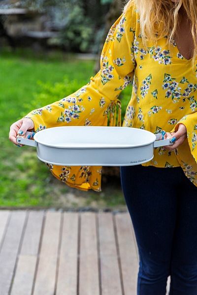 Arma House White Country Style Large Size Oval Tray with Wooden Handle 32 Cm
