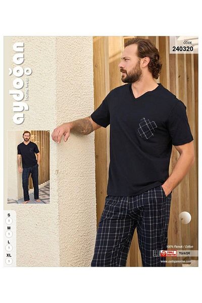 Aydoğan Men's V-Neck Navy Blue Short Sleeve 100% Cotton Pajama Set-240320