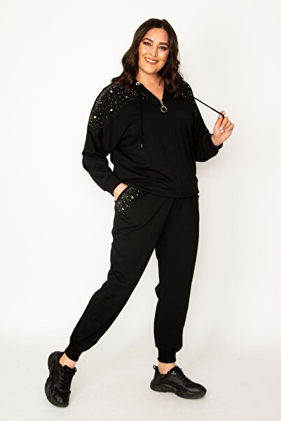 Şans Női nagy méretű fekete gyöngy részletes kapucnis tréningruha 65n30435