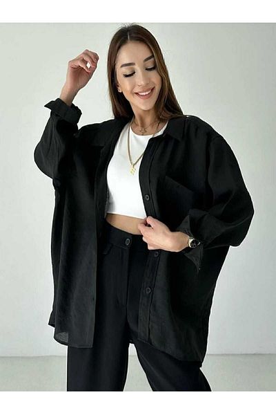 SOFT BUTİK SB Cămașă neagră oversize cu croiala largă pentru femei