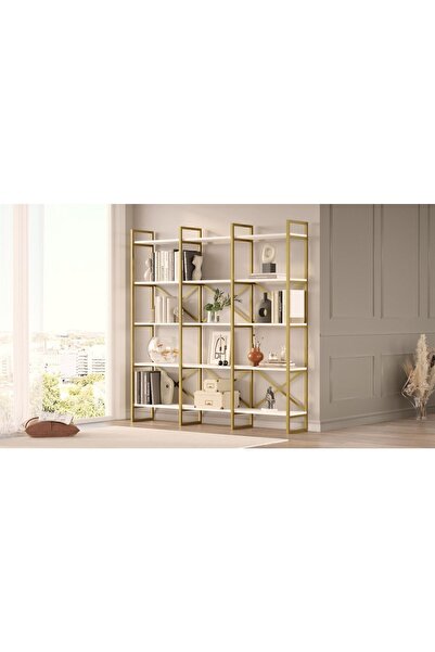 Yurudesign Voyage Gold Metal Kitaplık 5 Raflı Geniş 3 Bölme 175cm Beyaz Vg6-w
