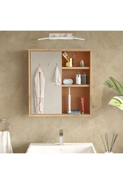 Yurudesign Nova Aynalı Lavabo Üstü Banyo Dolabı Raflı Kapaklı 60cm Sepet-Kiremit NA1-SK