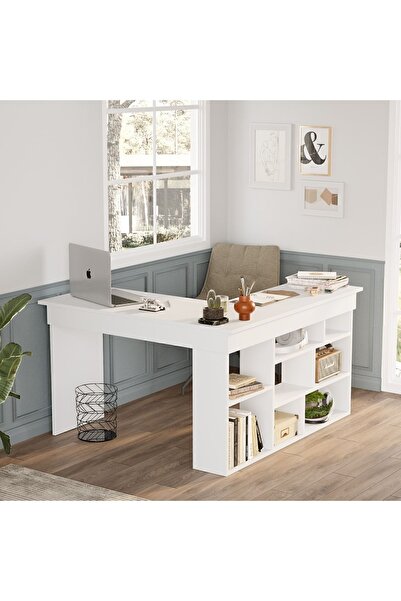 Yurudesign Tywin Kitaplık Raflı Çalışma Masası Beyaz