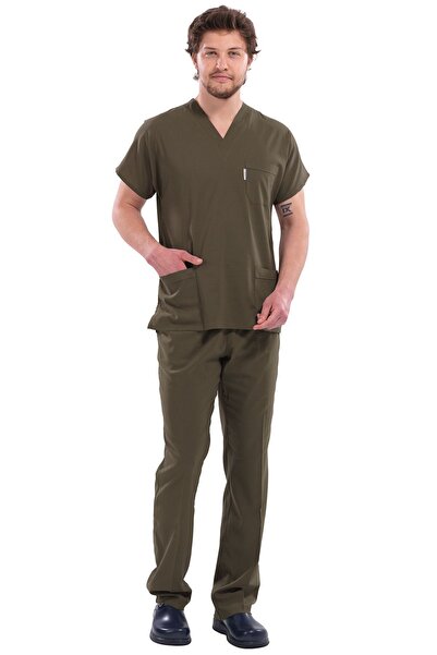 Alsancak Üniforma Men's Khaki Lycra Thin Fabric Scrubs Doctor Nurse Jersey Bat Sleeve Surgical Suit