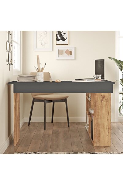 Yurudesign Tywin Kitaplık Raflı Çalışma Masası Çam-antrasit