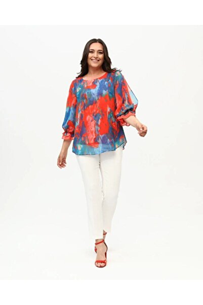TIAJOVEN Colorful Patterned Lined Chiffon Blouse Plus Size