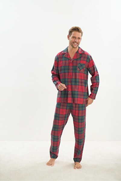 Sevim Erkek Uzun Kol Gömlek Yaka Önden Düğmeli Kırmızı Pijama Takım C1T5N5O9
