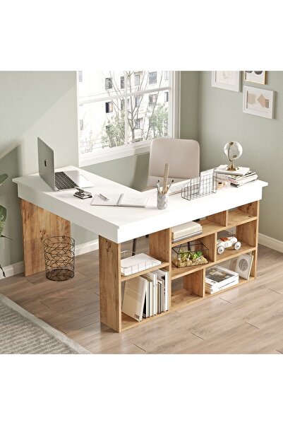 Yurudesign Tywin Kitaplık Raflı Çalışma Masası Çam-Beyaz
