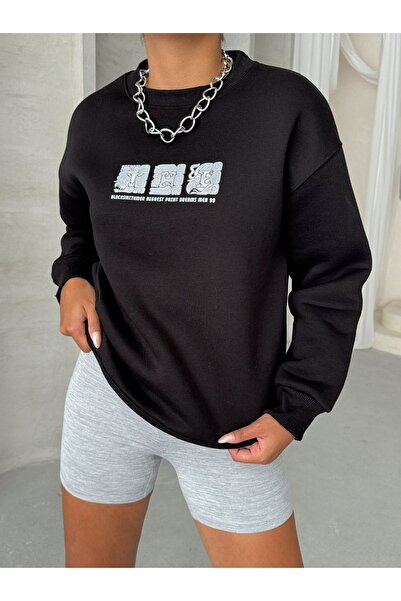 Cappmoda Swt-14268 Black Motif Pattern Embossed Printed Three Thread Raised Basic Sweatshirt