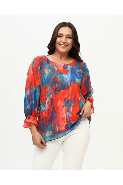 TIAJOVEN Colorful Patterned Lined Chiffon Blouse Plus Size