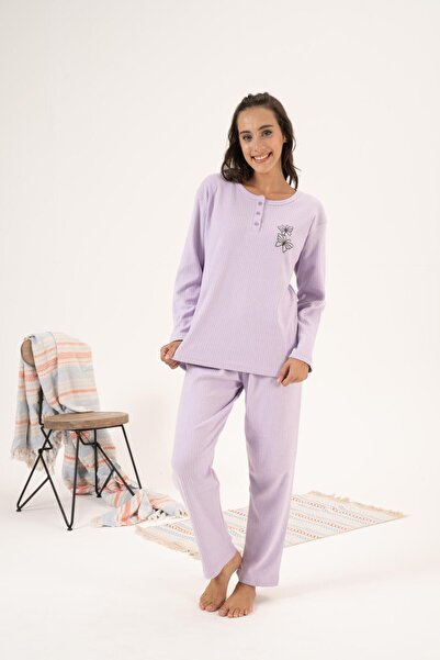 Estiva Γυναικείες χειμερινές πιτζάμες με κέντημα πεταλούδας - γιακά με κουμπιά