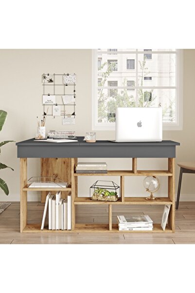 Yurudesign Tywin Kitaplık Raflı Çalışma Masası Çam-antrasit