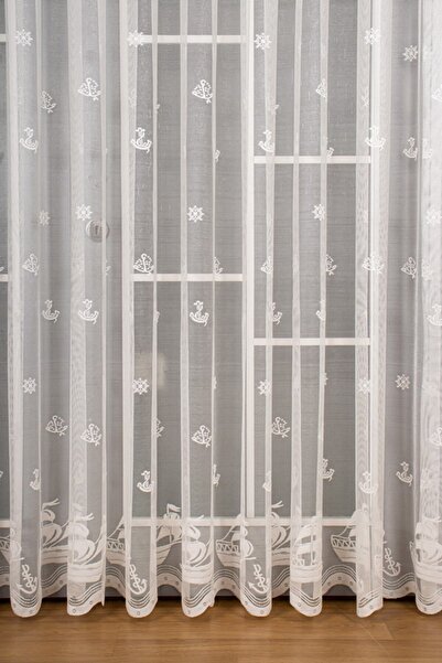 Perdelit Çocuk Odası Denizci Çapa Desenli Örme Tül Perde ( 1/3 Sık Pile )