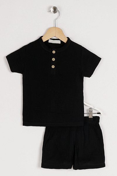 zepkids Crew Neck Short Sleeve Crew Neck Button Detailed Short Sleeve Black Color Boy's Shorts Set