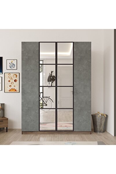Yurudesign New Home 4 Kapaklı Çekmeceli Aynalı Gardırop Elbise Dolabı Beton Kahve Hm2-cg