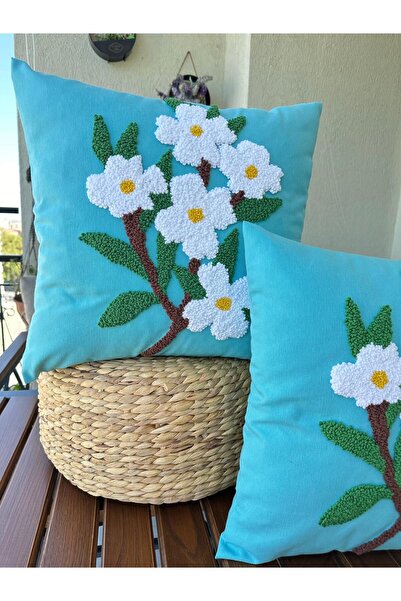 punchatolyem Spring Flower Bohemian Punch Hand Embroidered Throw Pillow Case Double Set Turquoise Color 100% Hand Embroidered