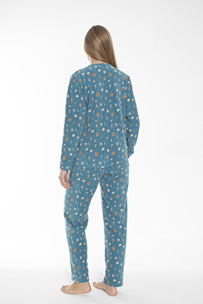 Estiva Kadın Kışlık Kurabiye Desenli Fitilli Polar Pijama Takımı Mavi