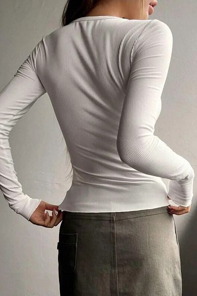 peri tower Women's Button Detailed Patchwork Crew Neck Long Sleeve Ribbed Camisole Blouse