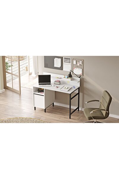 Yurudesign Çalışma Masası Raflı Dolaplı Metal Ayaklı Beyaz ON16-W