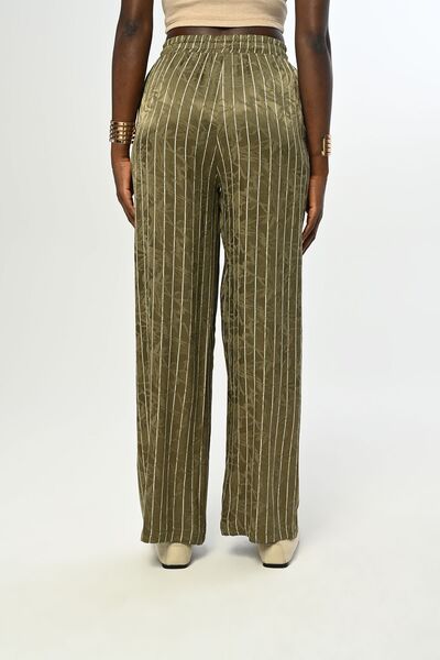 Orfeo Negro Khaki Colored Women's Trousers - Wide Leg, Striped Pattern and Elastic Waist