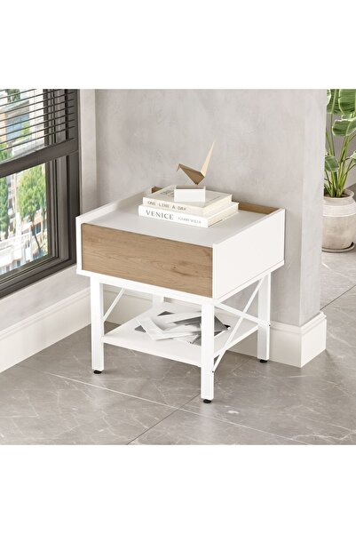 Yurudesign Molena Komodin Ofis Keson Çekmeceli Beyaz Metal Ayaklı Sepet-Beyaz...