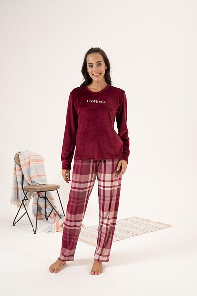 Estiva Checkered Velvet Winter Pajama Set - Claret Red