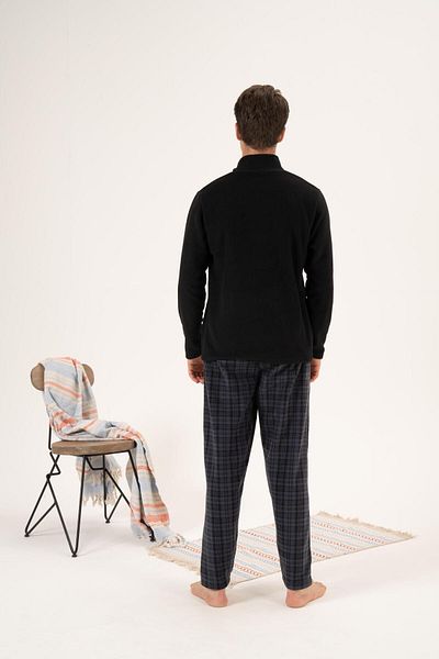 Estiva Men's Winter Pajama Set - Zippered, Checkered Collar, Fleece Bottom, Black