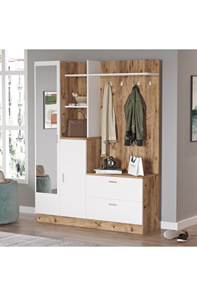 Yurudesign Wisdom Vestiyer Ayakkabılık Portmanto Aynalı Raf Çam-Beyaz