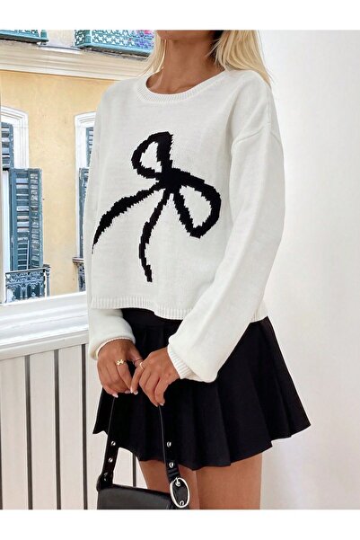 Puella Black Bow Sweater - Bone Crew Neck