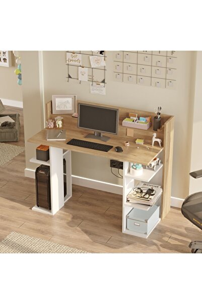 Yurudesign Vader Çalışma Masası Bilgisayar Masası Raflı Sepet-Beyaz VR1-SW