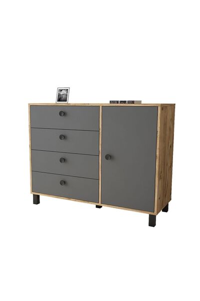 Yurudesign Vilamo Şifonyer Ahşap Ayak, 4Çekmece,Kapaklı, Çam-Antrasit-Siyah Vl81-228
