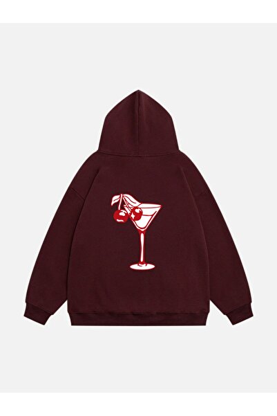 Mad&Calf طباعة كوكتيل الكرز - سويت شيرت نسائي كبير الحجم من الصوف بغطاء للرأس