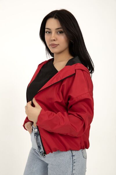 Royalside Women's Red Hooded Waterproof and Windproof Oversize Raincoat with Pockets