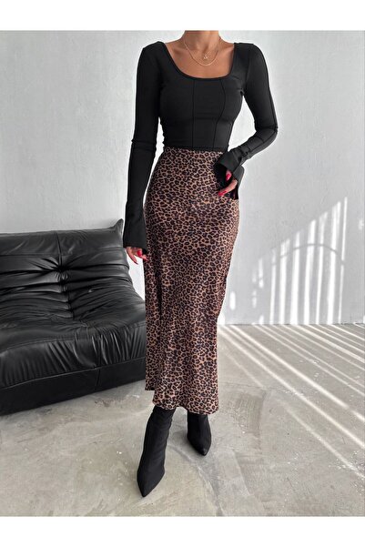 eBaa fashıon SATEN LEOPAR DESEN BELİ LASTİKLİ UZUN ETEK