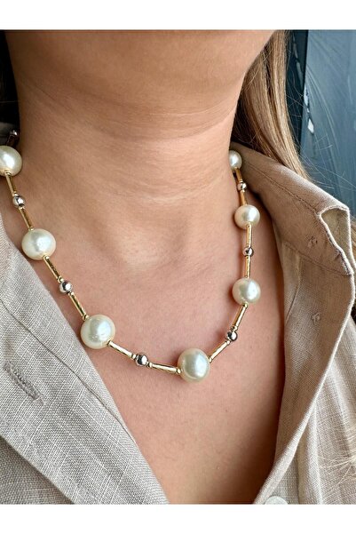 H&S AKSESUAR Gold Pearl Heel Row Stick Plate Detailed Necklace