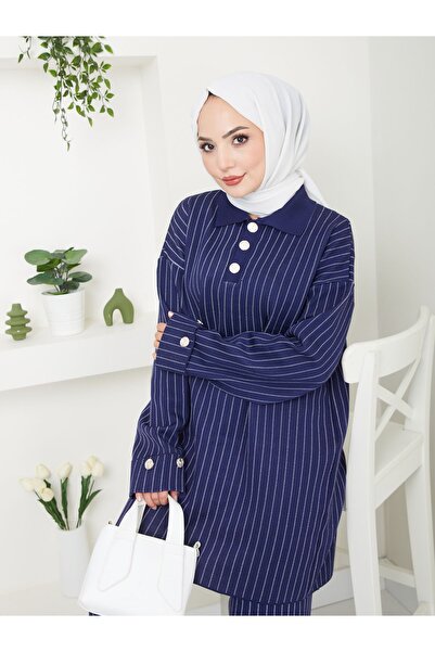 VOLT CLOTHİNG Csíkos kötöttáru női inggalléros nadrág szett