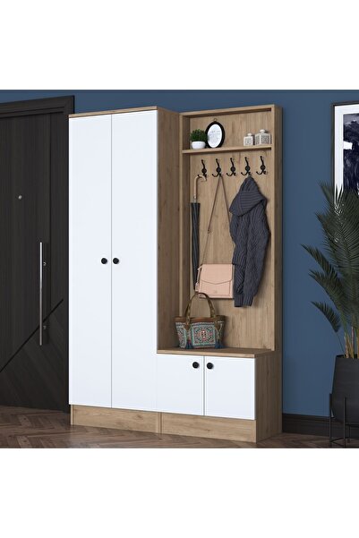 Rani Mobilya Rani P6 Modern Portmanto Askılı Vestiyer Sepet Ceviz - Beyaz M5