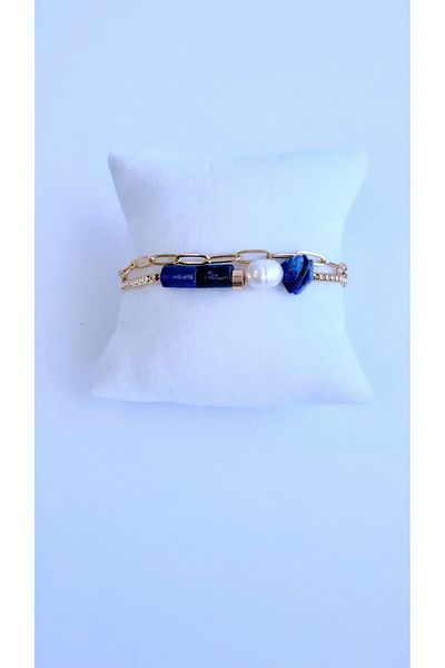 jewine studio Lapis Lazuli and Real Pearl Natural Stone Double Chain Bracelet
