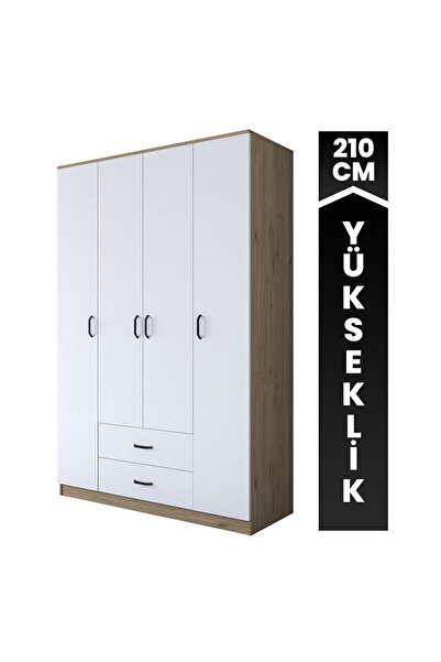 Rani Mobilya Rani Ba112 Geniş Gardırop Elbise Dolabı 4 Kapaklı 2 Çekmeceli 13 Raflı 1 Askılı Sepet Ceviz - Beyaz