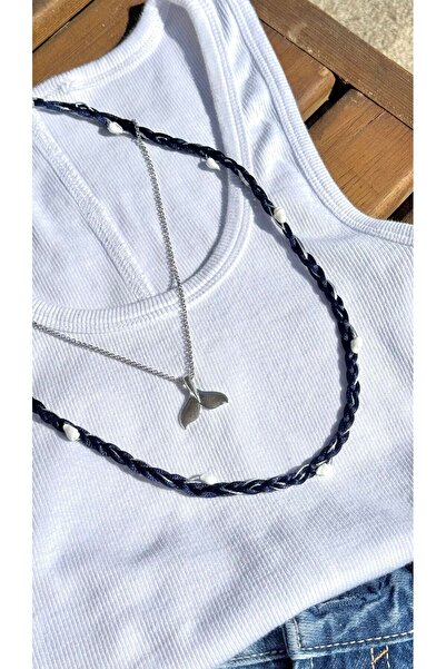 jewine studio Deniz Kabuğu Detaylı Lacivert Örgü İp ve Gümüş Balina Kuyruğu C...