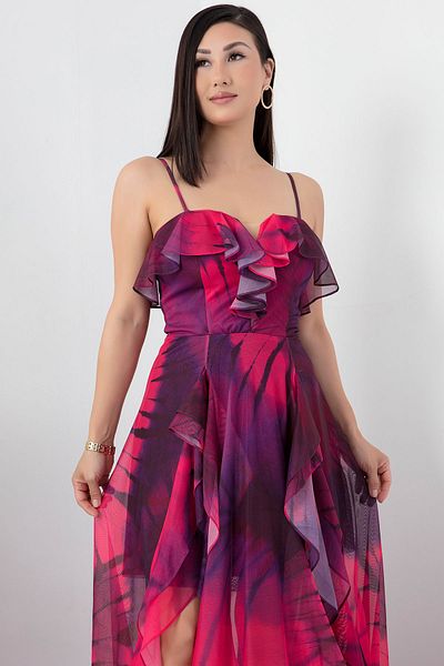 PULLIMM SB7211 Model Rochie Imprimată din Tulle cu frânghie și Volane