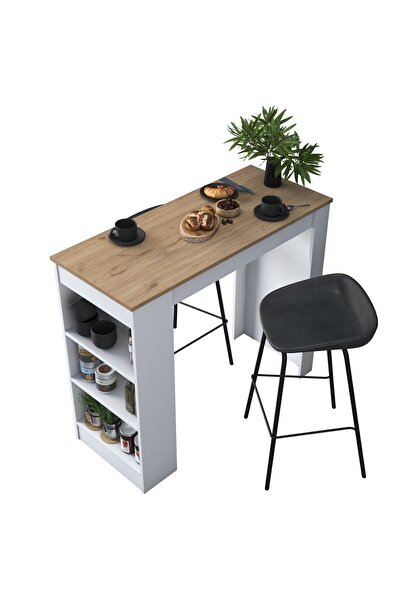 Rani Mobilya Rani Ja103 Bar Masası 3 Raflı Yüksek Mutfak Yemek Masası Sepet Ceviz - Beyaz